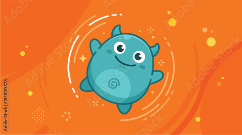 Cute Blue Monster Character with Sparkles and Swirls.