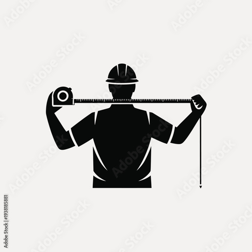 Construction worker measuring with tape measure on white background silhouette style