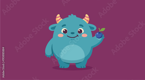 Cute Blue Monster Holding a Berry.