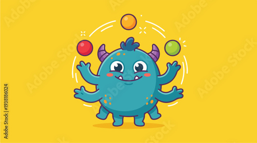 Cute Blue Monster Juggling Colorful Balls on Yellow Background.
