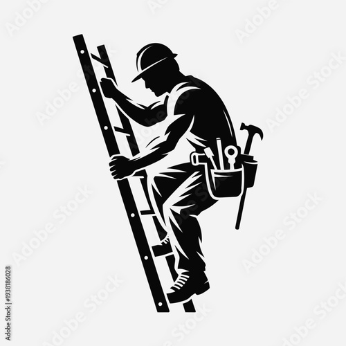 Construction worker climbing ladder with tool belt and equipment for maintenance or repair work on a building site