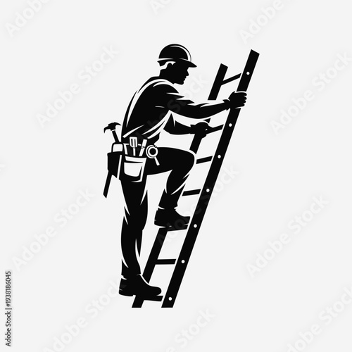Construction worker climbing ladder with tool belt and hard hat carrying level in silhouette on white background