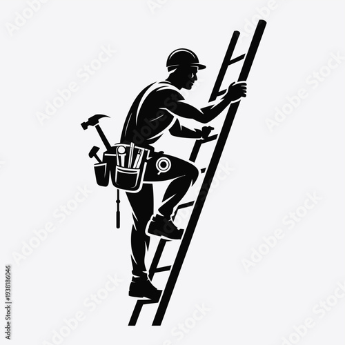 Construction worker climbing ladder with tool belt ascending high for repair or installation work safely