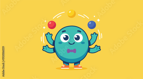 Cute Blue Monster Juggling Colorful Balls with Joy.