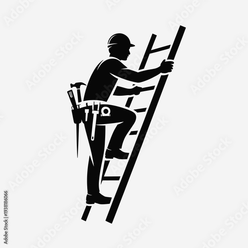 Construction worker climbing ladder with tool belt silhouette illustration professional labor workplace safety maintenance task white background black graphic
