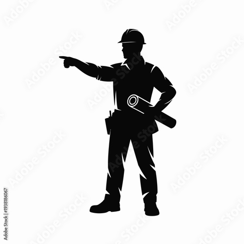 Construction worker pointing with blueprint in hand wearing hard hat and safety gear standing confidently on white background