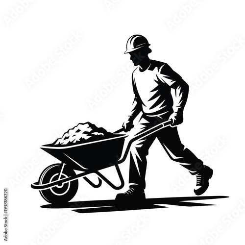 Man in hard hat pushing loaded wheelbarrow on construction site with heavy tools and materials