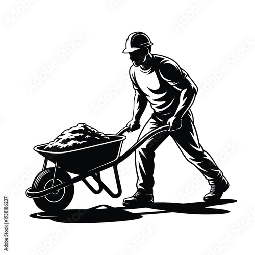 Man pushing a wheelbarrow filled with dirt on a construction site with a solid white background