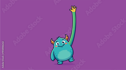 Cute Blue Monster Waving with Long Arm.