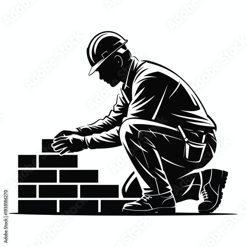 Construction worker building brick wall kneeling and placing bricks with tool belt on white background black silhouette illustration hard hat and work clothes