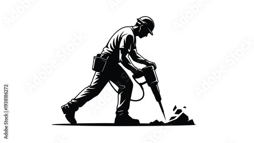 Construction worker using jackhammer on ground in black silhouette against white background for industrial concepts