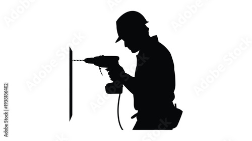 Worker silhouette drilling into a surface with a power drill wearing a cap and tool belt against a white background black silhouette illustration