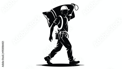 Worker carrying heavy bag on shoulder with tool belt around waist walking