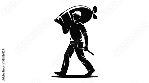 Man carrying large sack on back walking with stick in hand in black silhouette on white background