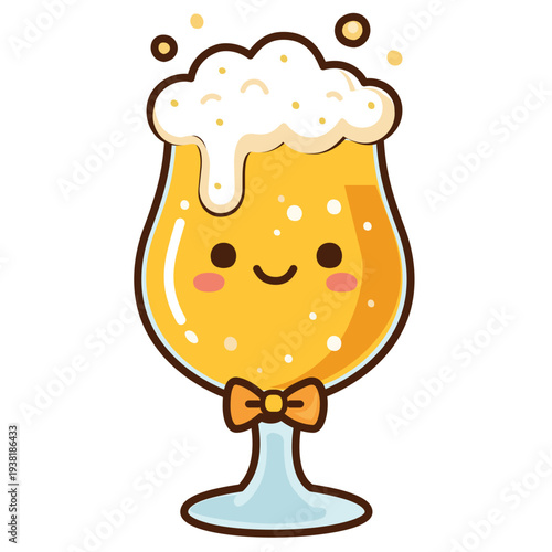 Kawaii Beer Glass Character with Bow Tie, Cute Cartoon Alcohol Illustration. A cute vector illustration of a tulip beer glass character with a happy face, rosy cheeks, and a stylish orange bow tie.
