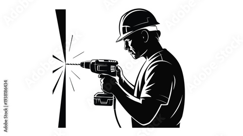 Construction worker drilling into wall with power drill wearing safety helmet industrial drilling concept