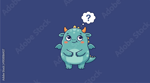 Cute cartoon dragon with question mark thinking bubble.