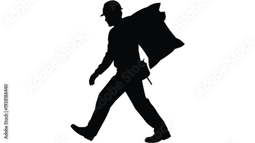 Man walking with large bag on back in silhouette against white background symbolizing delivery or labor