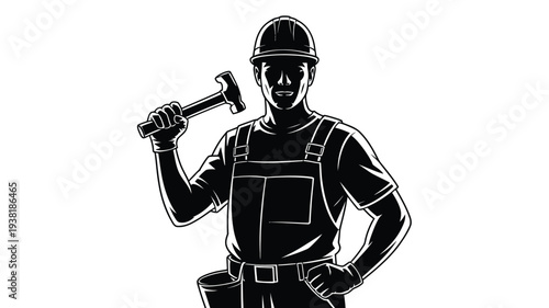 Confident construction worker wearing protective helmet and overalls holding hammer with one hand on hip illustrated in black and white