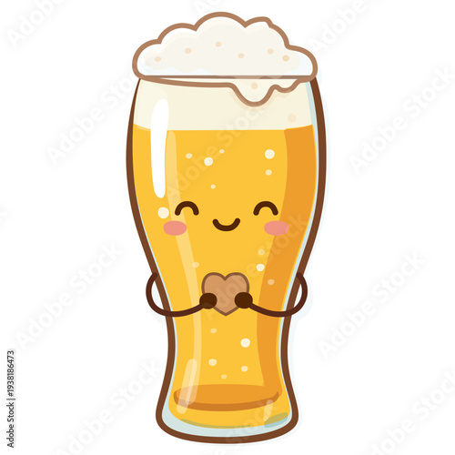 Kawaii Wheat Beer Glass Character Holding Heart, Cute Love Beer Illustration. A sweet vector illustration of a tall wheat beer (Weizen) glass character with a peaceful smiling face