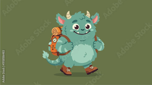 Cute Cartoon Monster Backpacking Adventure.