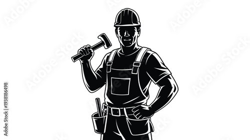 Confident construction worker holding hammer in hand standing strong in black and white illustration with hard hat and tool belt