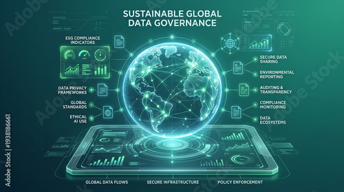 Sustainable global data governance illustration with holographic earth, digital dashboard, secure data sharing, compliance monitoring, environmental reporting, and ethical AI use