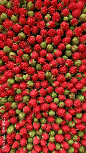 Top view of a dense pattern of red rosebuds with green sepals forming a vibrant floral background.