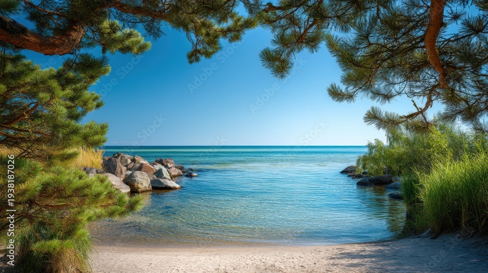 Obraz premium Tranquil sandy beach cove framed by pine trees, rocks, and clear turquoise sea under a bright blue summer sky.