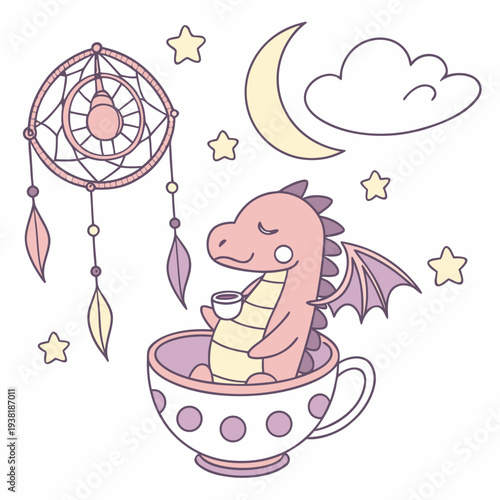 SVG art: A Funny Dragon in a Fantasy dream vibe with in a teacup, tinted with Dreamland tones