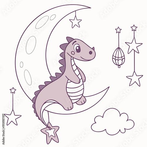 Whimsical Dragon feeling Funny in a Fantasy dream setting with sitting on a moon – colored in Dreamland