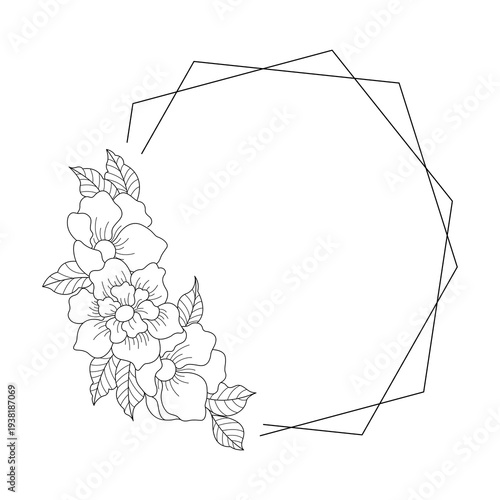 Floral polygon hand drawn style. Floral black and white frames of twigs, leaves and flowers. Frames for Valentine’s Day, wedding decor, logo and identity template.