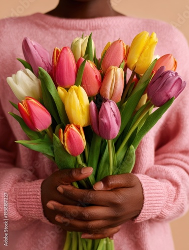 Close-up of person in pink sweater holding a colorful bouquet of tulips against a soft neutral background.