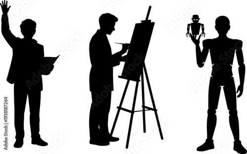 Teacher silhouette raising hand with book, artist painting on easel, robotics engineer holding humanoid robot, diverse professions education art technology illustration