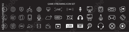 Game streaming icon set | Collection of 39 gaming icons | Big icon set of online game, searching, listening, speaking, browsing, timing, contact, surveillance | White vector icon illustration