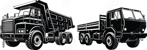 Black and white vector illustration of heavy duty dump trucks and cargo transport vehicles isolated industrial construction transport concept design