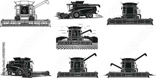 Combine harvester agricultural machinery collection harvesting wheat crops on farmland farming equipment black vector illustration isolated set