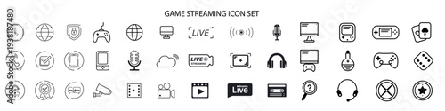 Game streaming icon set | Collection of 39 gaming icons | Big icon set of online game, searching, listening, speaking, browsing, timing, contact, surveillance | Black vector icon illustration