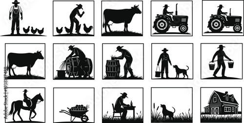 Farm life silhouettes collection with farmer tractor cow chickens horse barn and rural agriculture scenes black vector illustration set