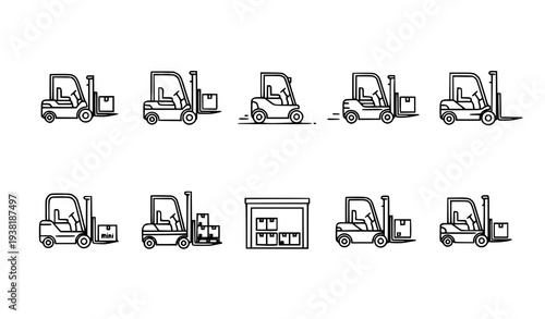 Editable line forklift icon pack with trendy vector symbols for warehouse and logistics UI