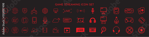 Game streaming icon set | Collection of 39 gaming icons | Big icon set of online game, searching, listening, speaking, browsing, timing, contact, surveillance | Red vector icon illustration