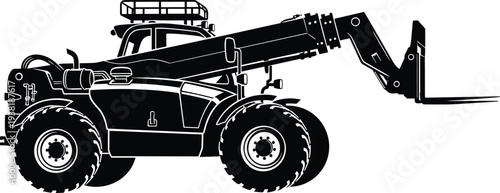 Telehandler forklift loader construction vehicle with telescopic boom lifting equipment heavy machinery black vector illustration isolated on white