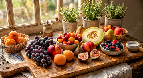 Assorted Fresh Fruits on Kitchen Table in Natural Light