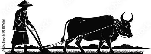 Traditional Asian farmer plowing rice field with water buffalo rural agriculture farming black vector illustration isolated on white