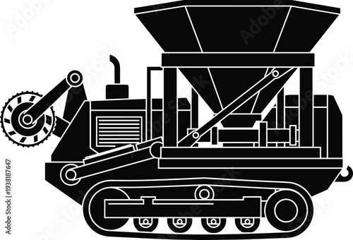 Tracked asphalt paver construction machine silhouette with hopper conveyor and crawler tracks road paving heavy equipment vector illustration