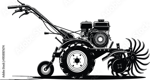 Walk behind tractor cultivator machine for soil tillage gardening and farming agricultural equipment black vector illustration isolated