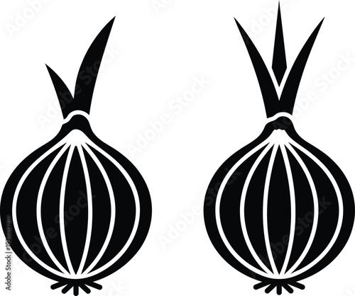 Two simplified black silhouette icons of onions with green sprouts on a white background representing food and agriculture