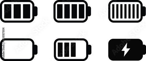 Collection of six different battery charge level icons representing energy status and charging with lightning symbol