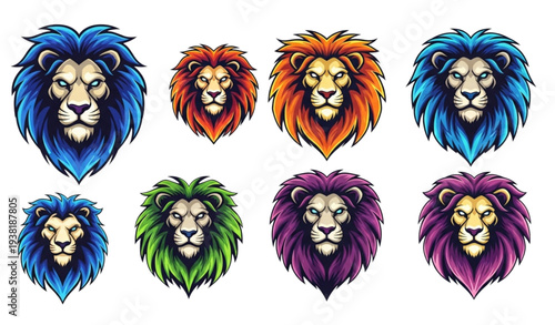 Colorful Lion Head Mascot Vector Logo Illustration Set