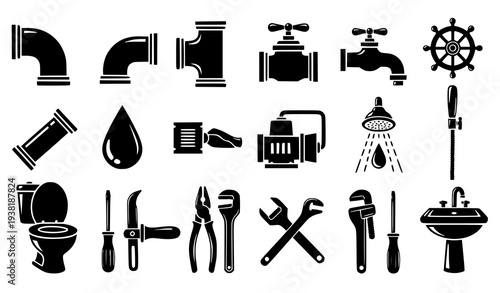 Plumbing and Water Utility Silhouette Icons Vector Collection